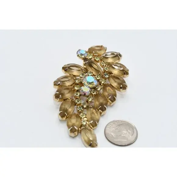 Vintage Light Topaz Rhinestone Floral Brooch AB Open Back 1950s 1960s